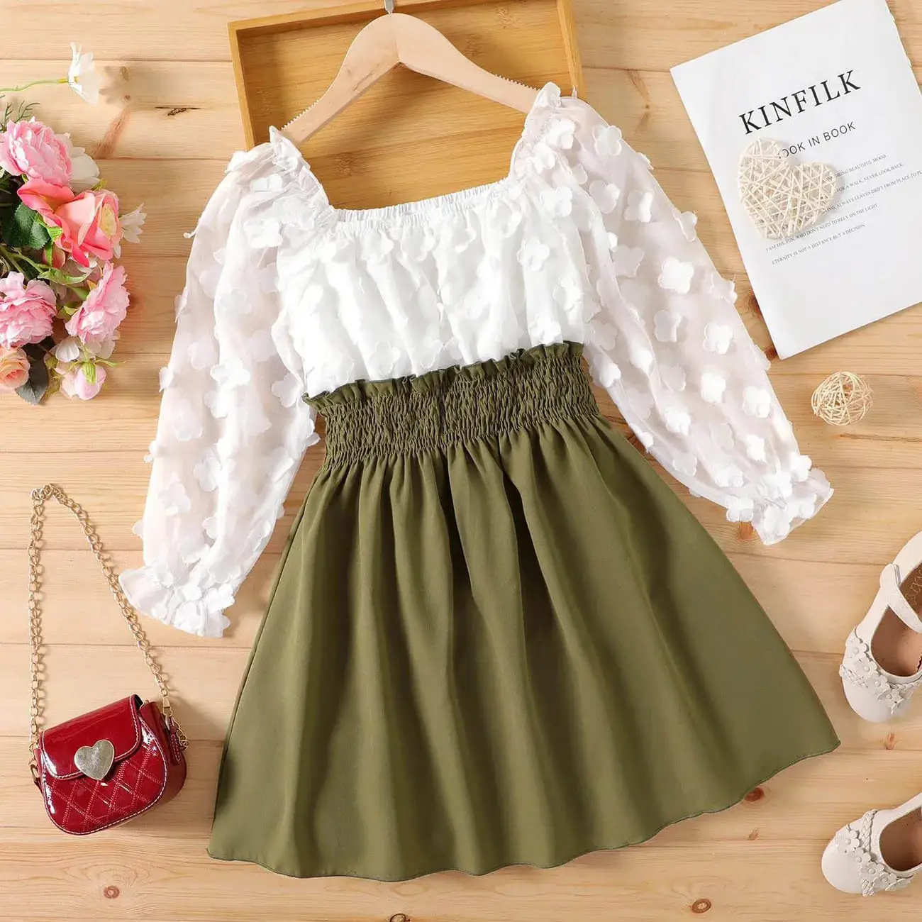  Polka dots Button Design Flutter-sleeve Belted Flutter-sleeve Dress