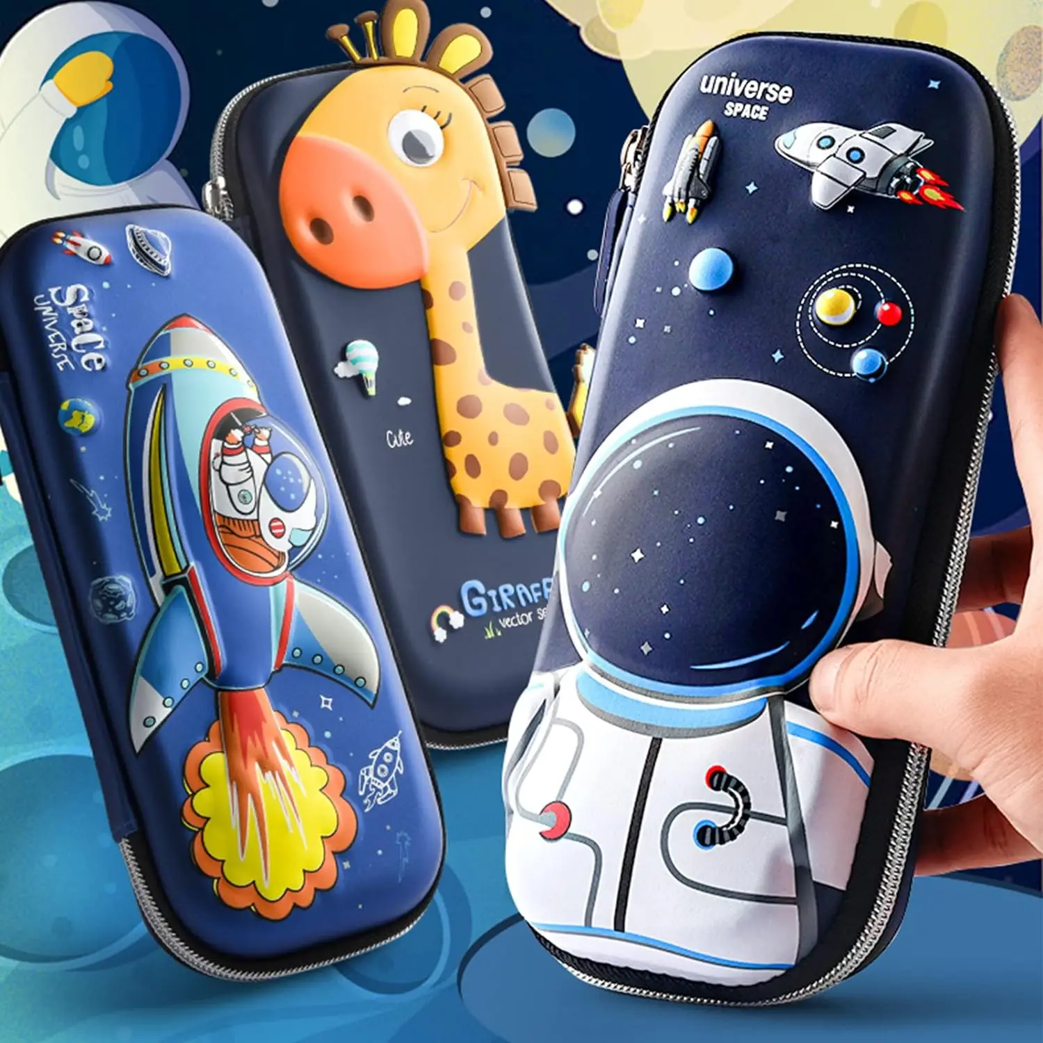 3D Pencil Case, Large Capacity Pencil Pouch Bag for Boys & Girls Students with Zip Closure Portable Stationery Bag Organizer EVA, Space Blue