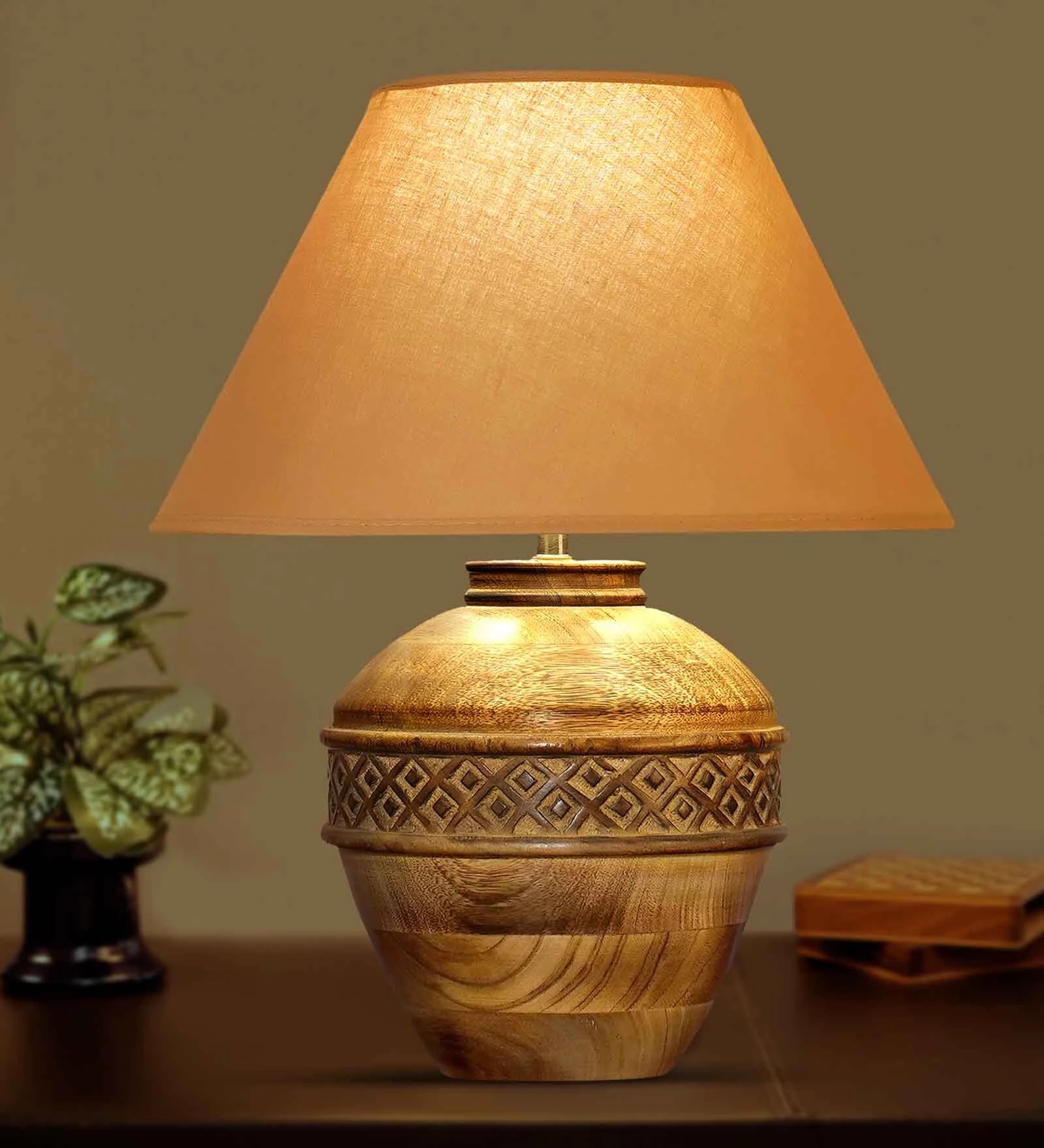Beige Cotton Shade Table Lamp With Wood Base