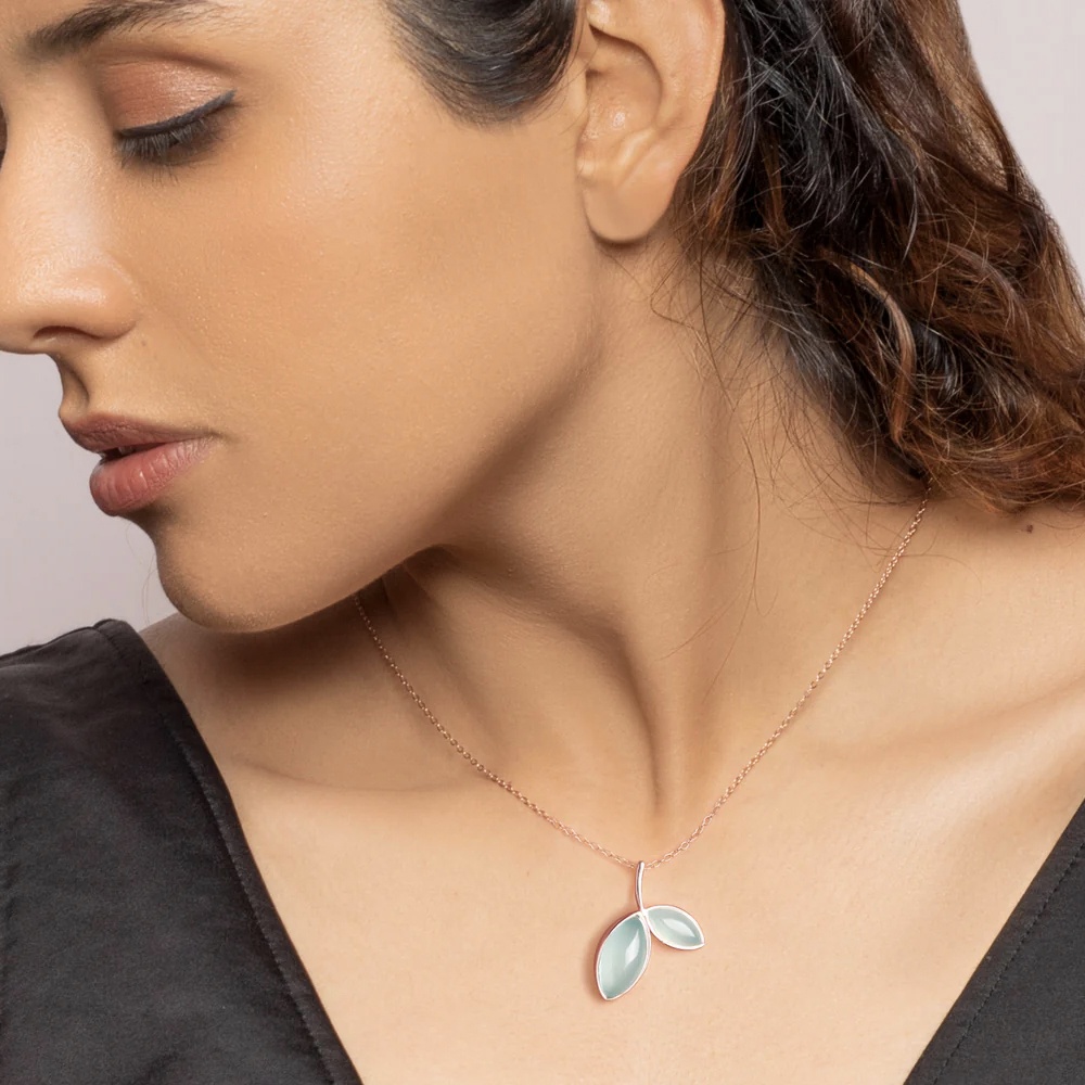 Rose Gold Aqua Dual Chalcedony Leaf Pendant Made with 925 Silver