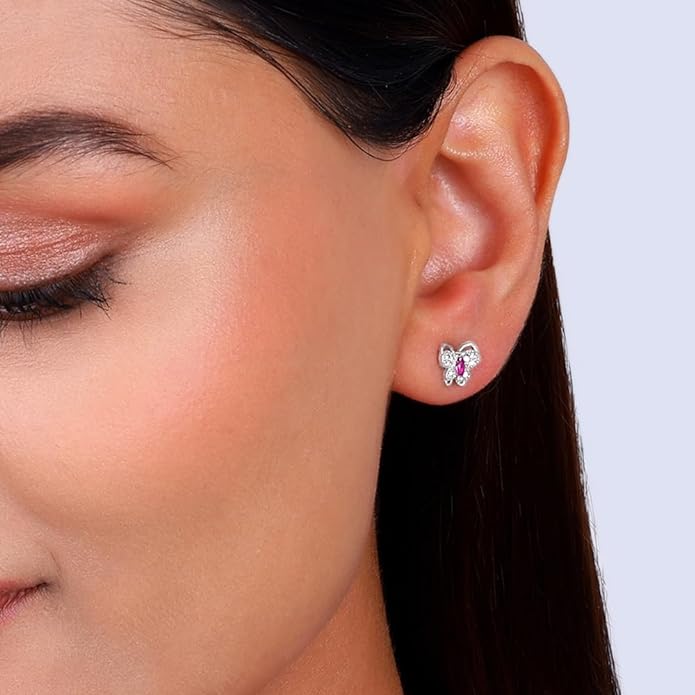 Silver Pop Pink Studded Butterfly Studs 