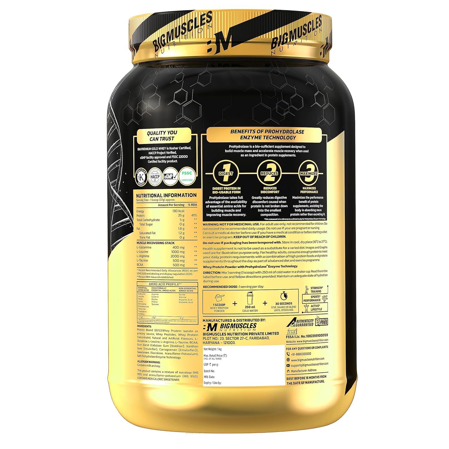  Bigmuscles Nutrition Premium Gold Whey [1Kg] | Informed Choice UK Certified | Isolate Whey Protein Blend | 25g Protein | 11g EAA 