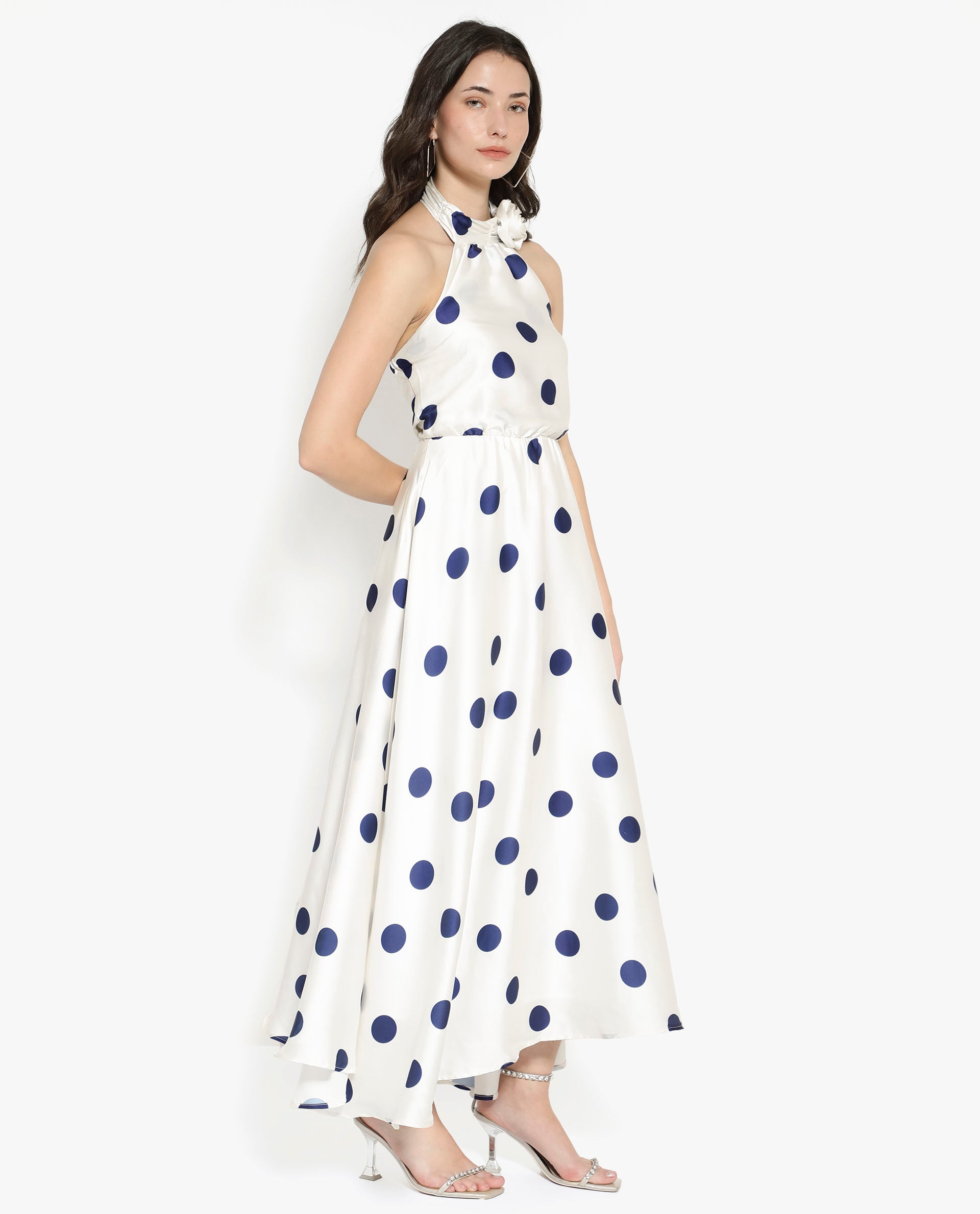 POLKA HALTER NECK MAXI DRESS