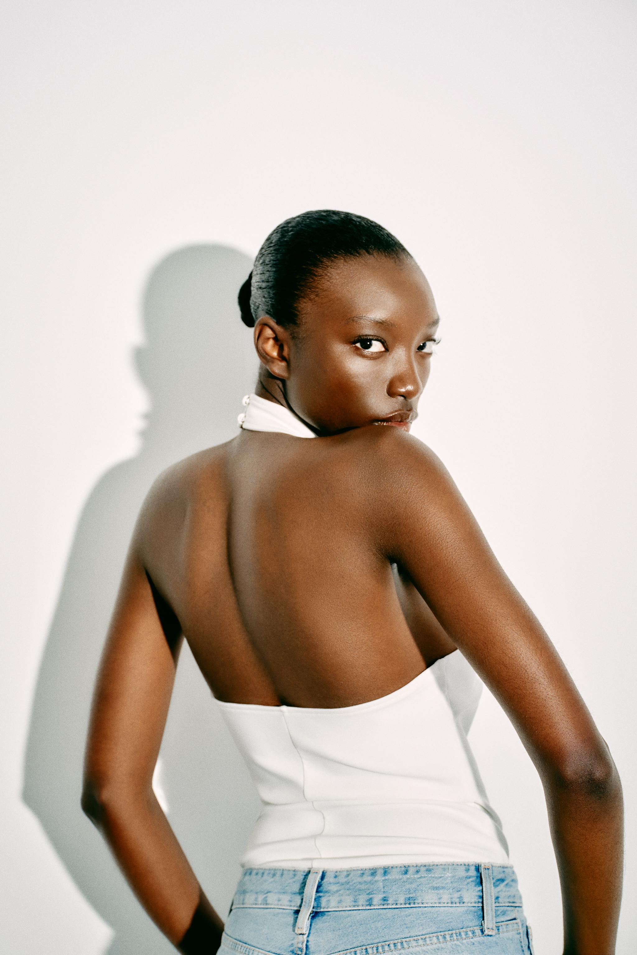 RHINESTONE FLORAL HALTER BODYSUIT