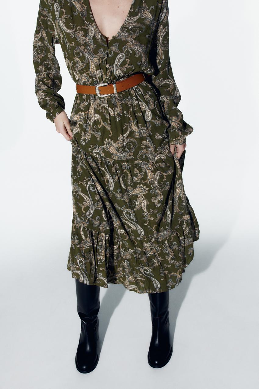 BELTED PAISLEY PRINT MIDI DRESS
