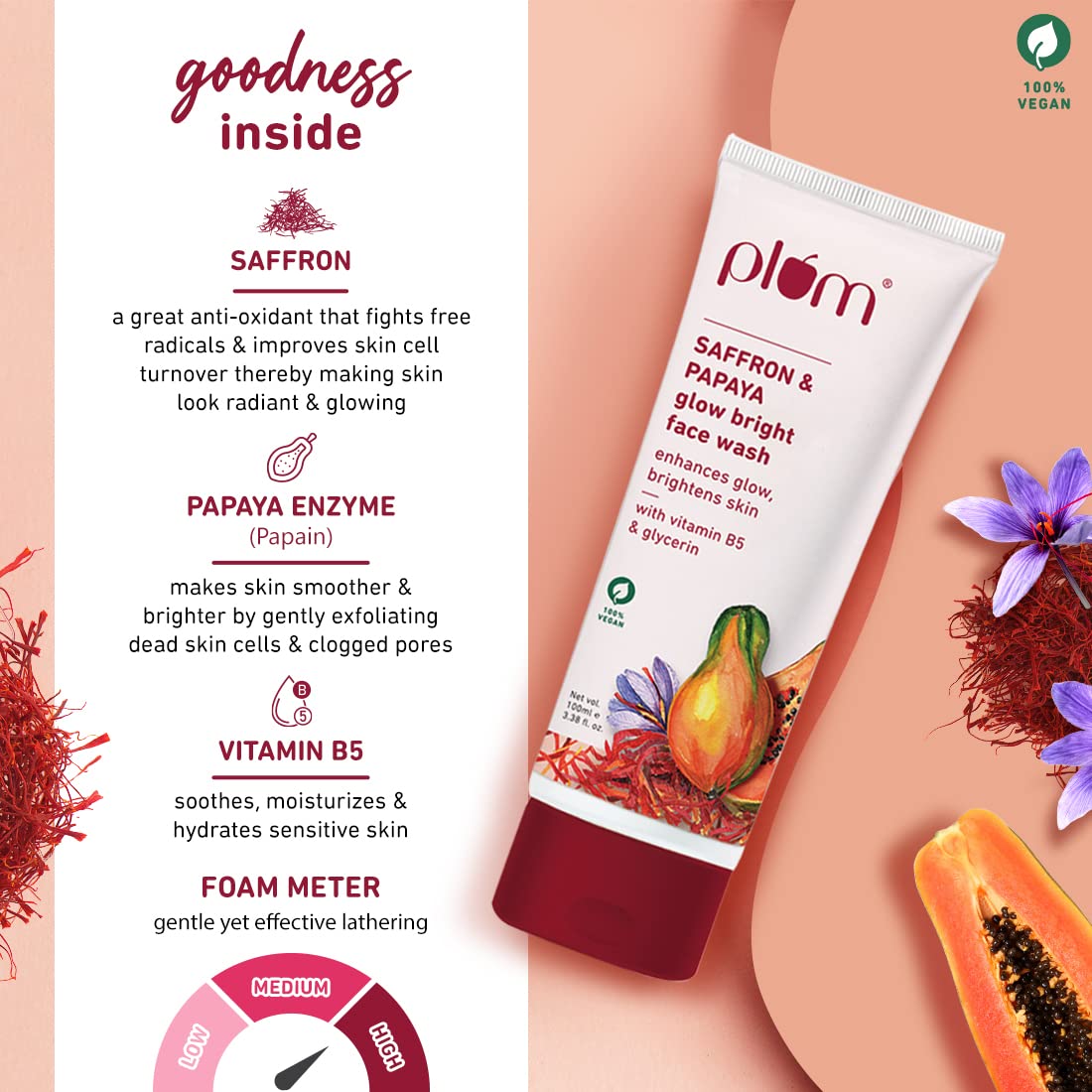 Plum Saffron & Papaya Glow & Brightening Face Wash | With Vitamin B5 | Boosts Glow, Brightens Skin | Non-Drying, Gel-Based | All Skin Types 