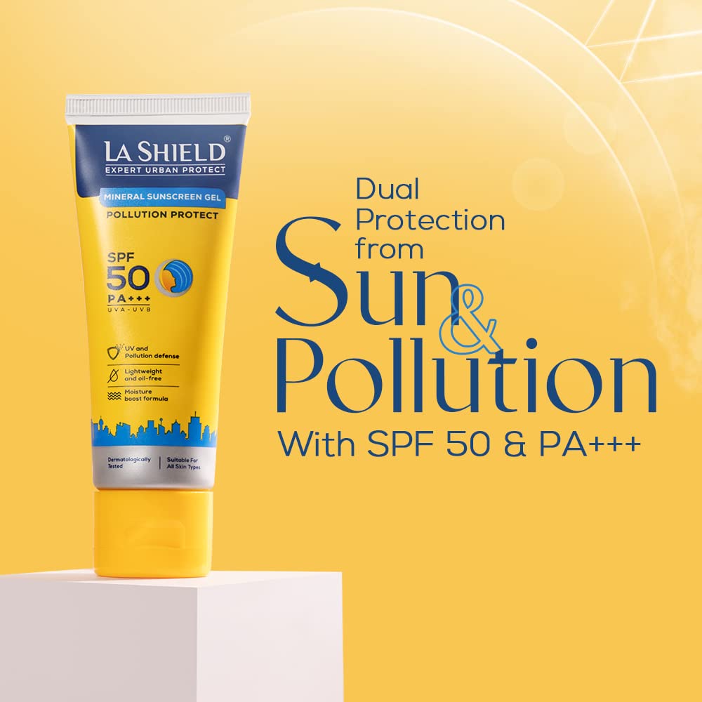  La Shield Pollution Protect SPF 50 Mineral Sunscreen Gel | PA+++ | Lightweight & Oil free | Moisture boost formula | Water resistant