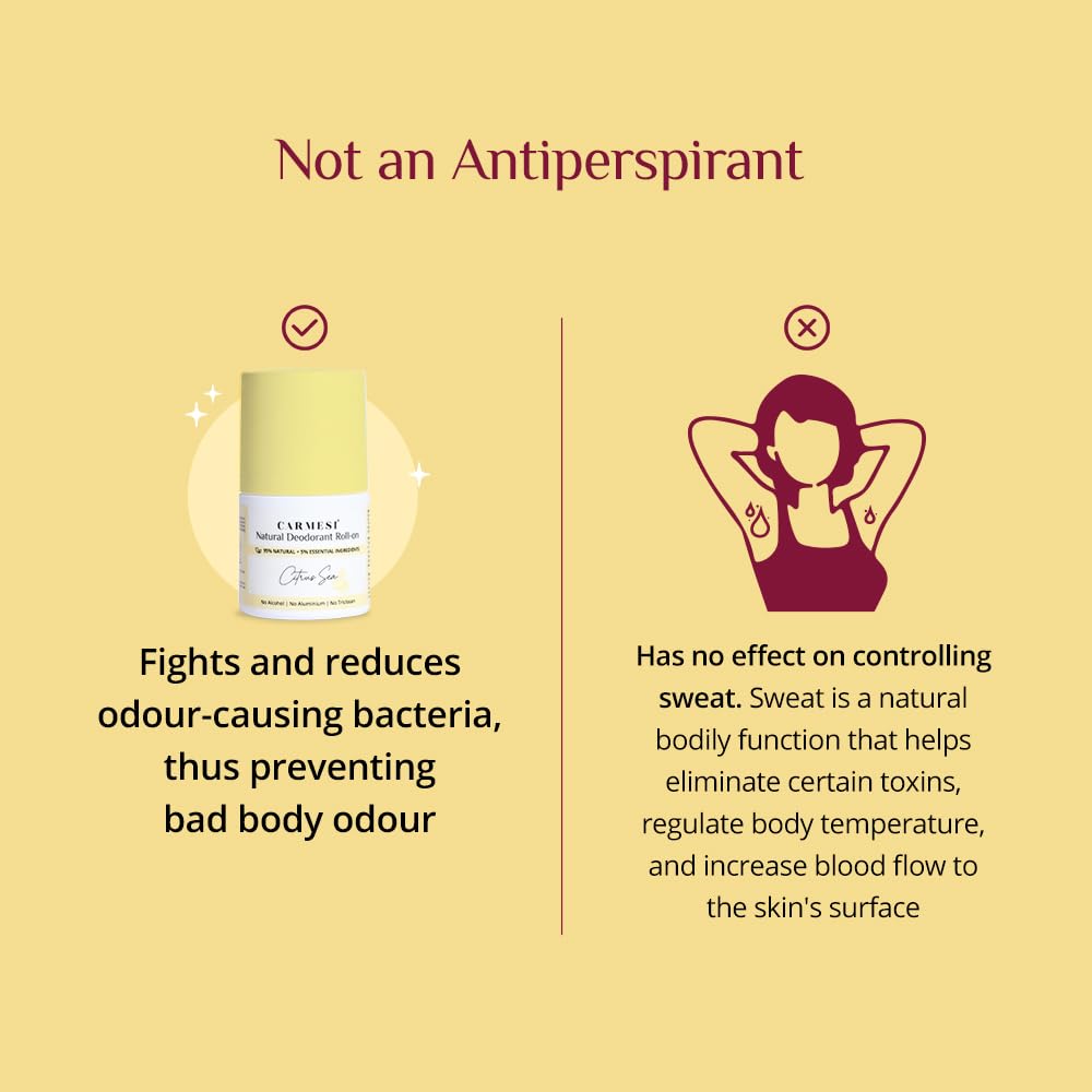  Carmesi Natural Underarm Roll-On Deodorant for Women | 95% Natural + 5% Essential Ingredients | Odour Control Without Blocking Sweat 