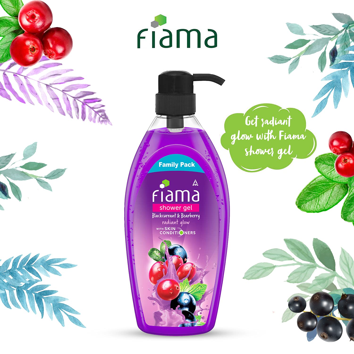 Fiama Body Wash Shower Gel Blackcurrant & Bearberry, 900ml Family Pack, Body Wash for Women & Men with Skin Conditioners for Radiant Glow 