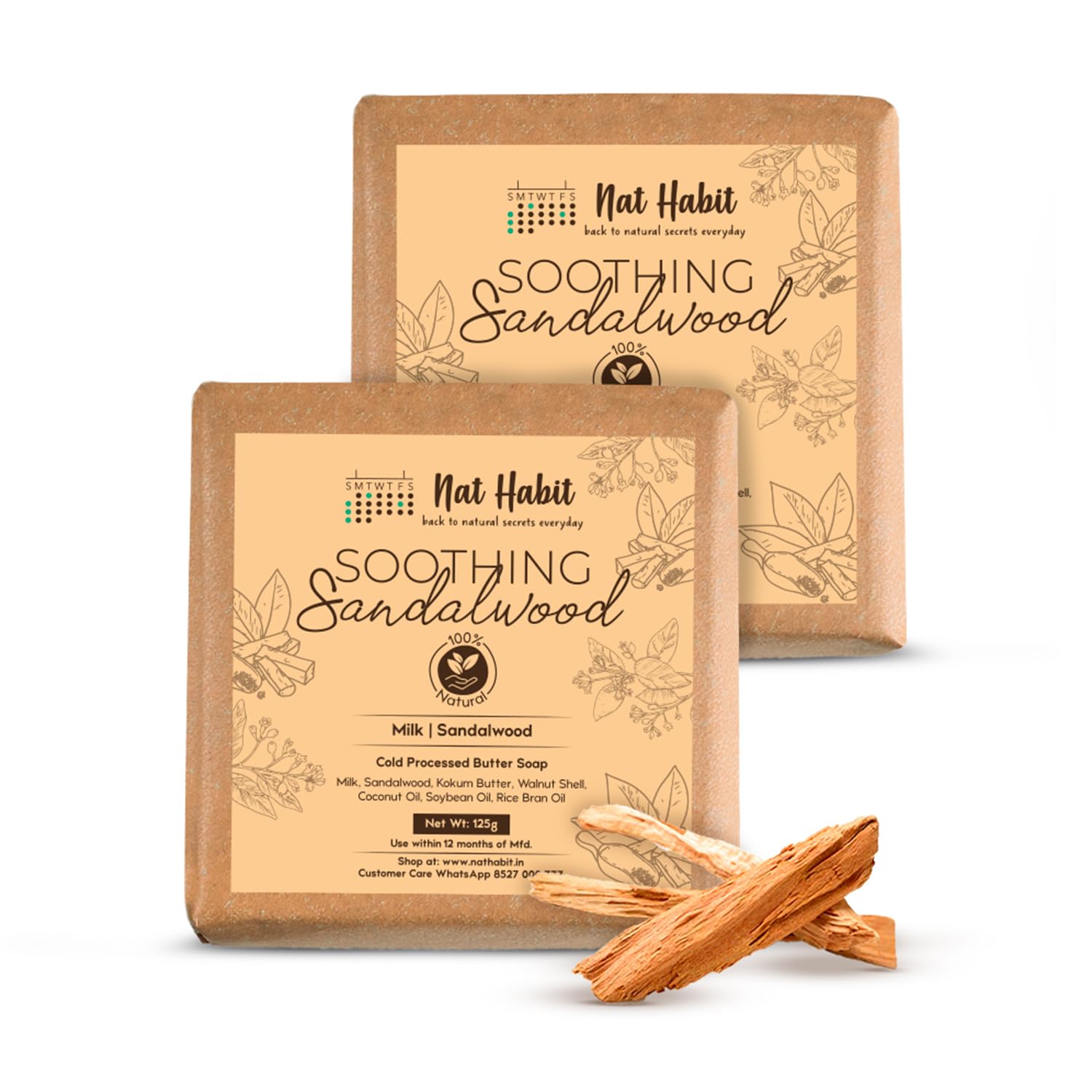  Nat Habit Cold Processed Soothing Sandalwood Butter Bath Soap For Natural Exfoliation, Skin Brightening, Scar Reduction & Tan Removal (Pack of 2 x 125gm)