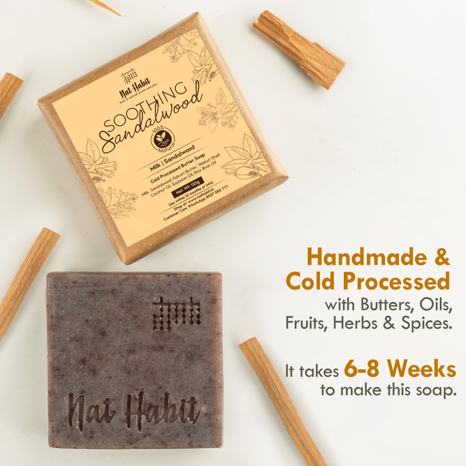  Nat Habit Cold Processed Soothing Sandalwood Butter Bath Soap For Natural Exfoliation, Skin Brightening, Scar Reduction & Tan Removal (Pack of 2 x 125gm)