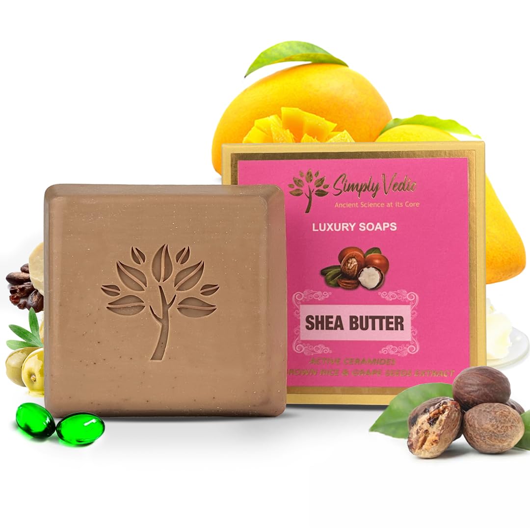 Simply Vedic Luxury Natural Handmade Shea Butter Soap Bar| Prevents Dryness, Clean & Plum Skin| Cold Processed with Essential Oils