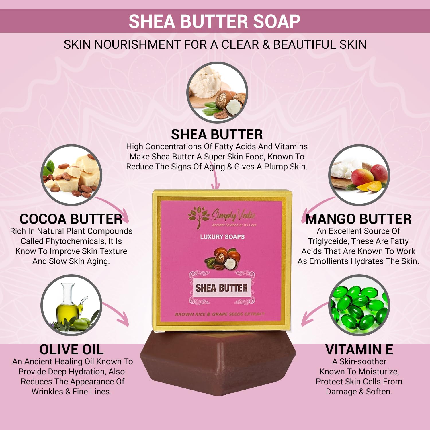 Simply Vedic Luxury Natural Handmade Shea Butter Soap Bar| Prevents Dryness, Clean & Plum Skin| Cold Processed with Essential Oils