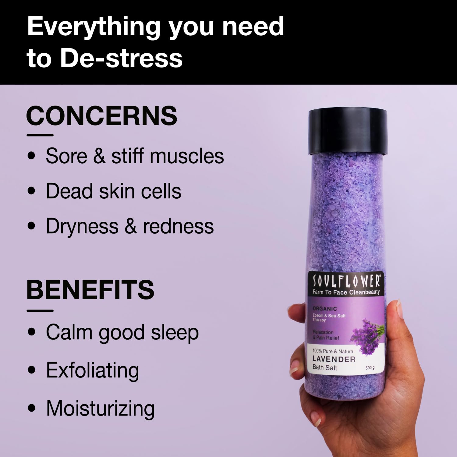  Soulflower Lavender Bath Salt for Body & Foot Spa, Calming, Relaxing, Muscle Pain Relief, Aromatherapy | Pure & Natural 