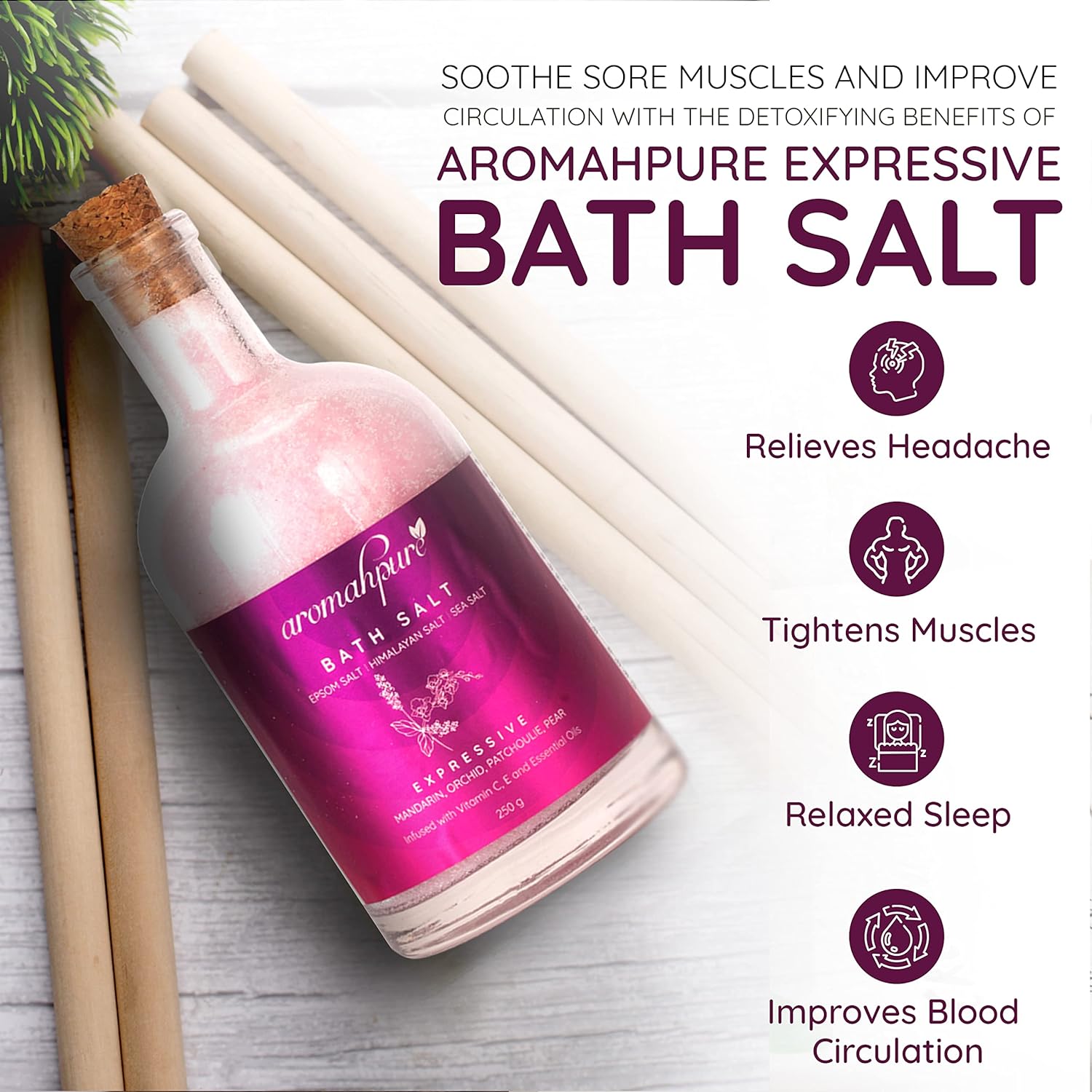 Aromahpure 100% Natural Bath Salt with Essential Oils (Mix of Epsom Salt, Himalayan Salt, and Sea Salt, Vitamin C & E) for Body & Foot Spa, Relaxing Aromatherapy - Expressive Fragrance (Mandarin, Orchid, Patchouli, Pear) to Relax Mind and Body (250gm)