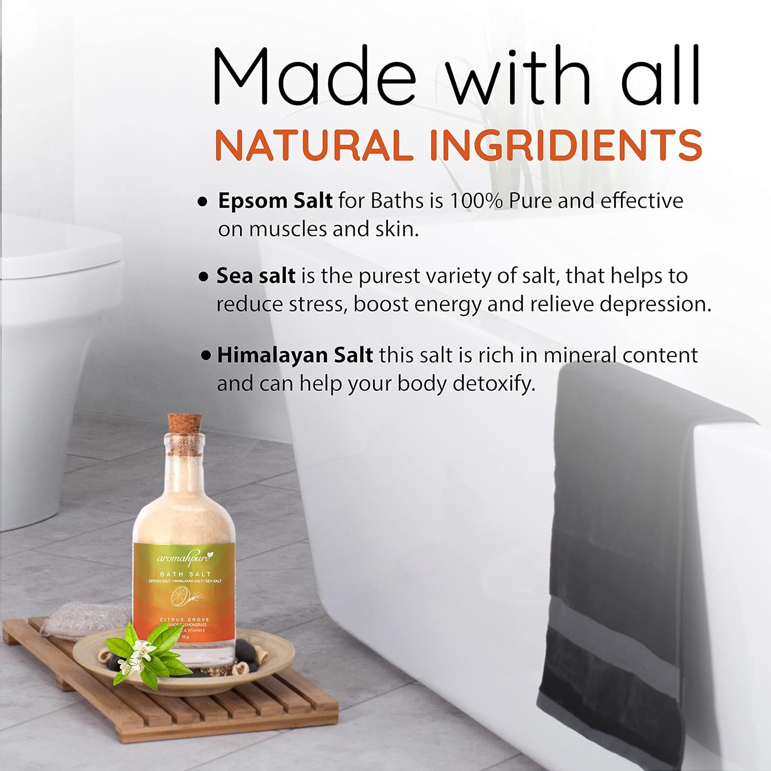 Aromahpure 100% Natural Bath Salt with Essential Oils (Mix of Epsom Salt, Himalayan Salt, and Sea Salt, Vitamin C & E) for Body & Foot Spa, Relaxing Aromatherapy - Citrus Grove Fragrance (Orange, Lemongrass) to Relax Mind and Body (250gm)