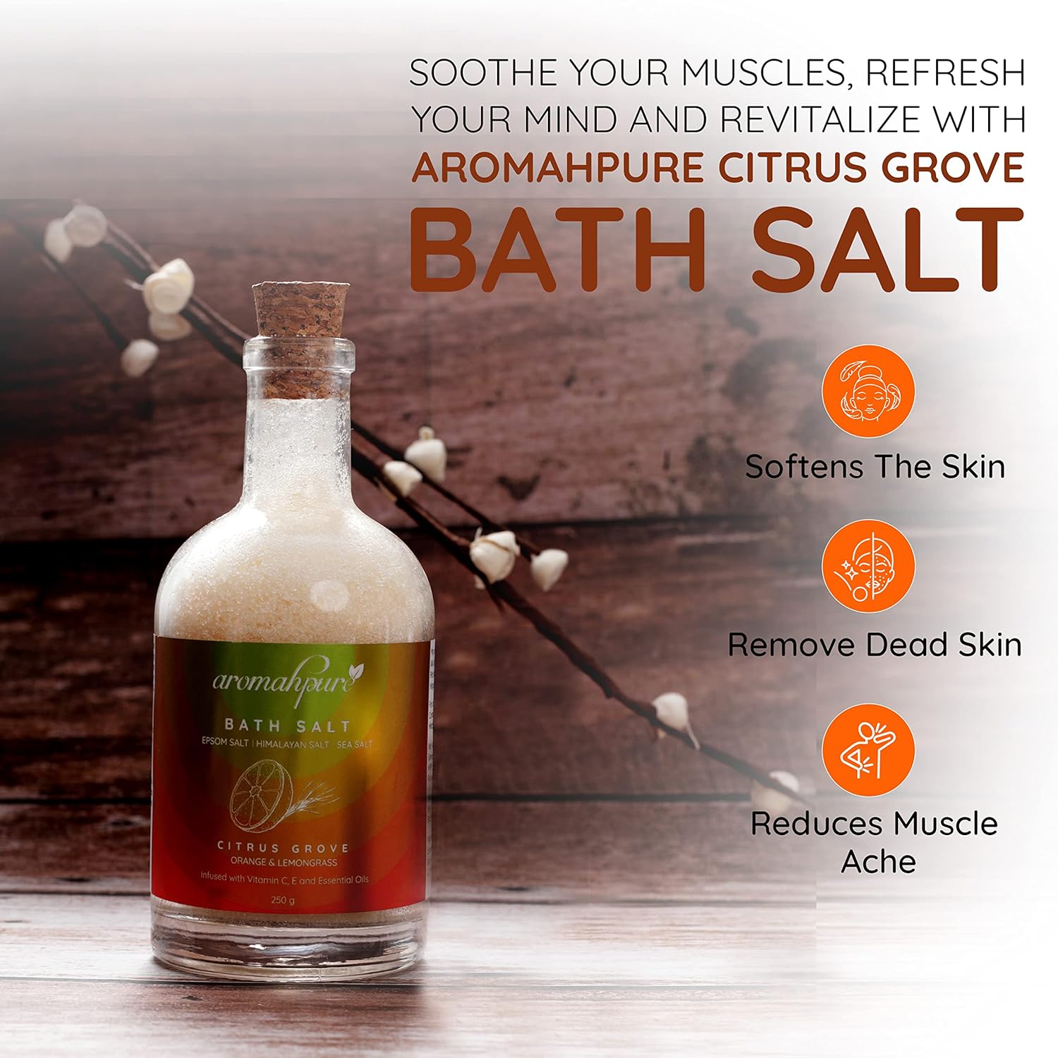 Aromahpure 100% Natural Bath Salt with Essential Oils (Mix of Epsom Salt, Himalayan Salt, and Sea Salt, Vitamin C & E) for Body & Foot Spa, Relaxing Aromatherapy - Citrus Grove Fragrance (Orange, Lemongrass) to Relax Mind and Body (250gm)