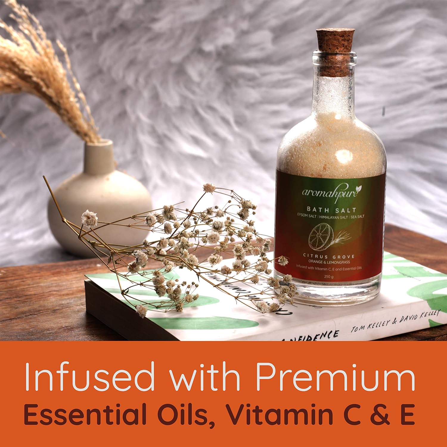 Aromahpure 100% Natural Bath Salt with Essential Oils (Mix of Epsom Salt, Himalayan Salt, and Sea Salt, Vitamin C & E) for Body & Foot Spa, Relaxing Aromatherapy - Citrus Grove Fragrance (Orange, Lemongrass) to Relax Mind and Body (250gm)