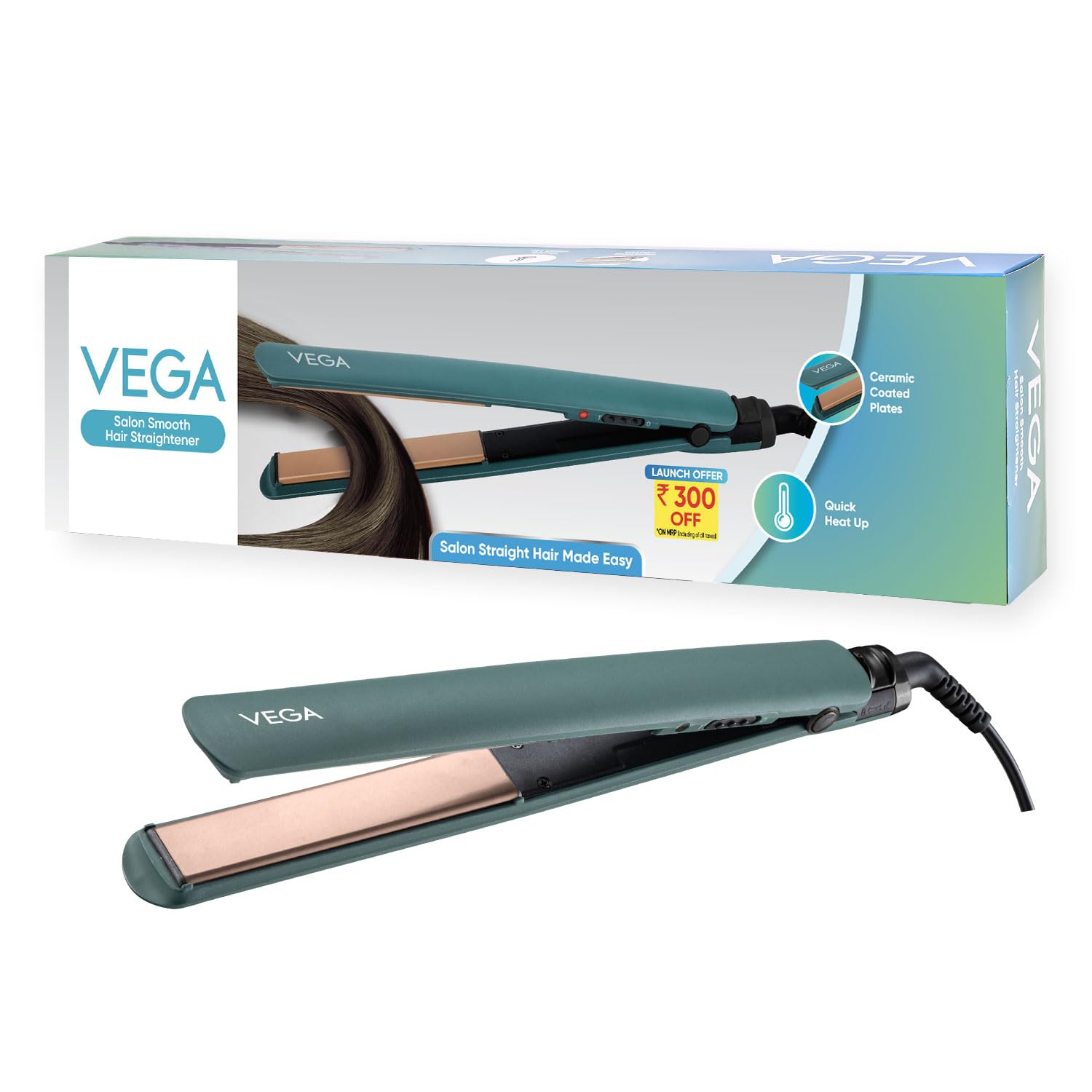  Vega Salon Smooth Hair Straightener for Women with Ceramic Coated Plates, Quick Heatup & Travel Friendly, Green (VHSH-42)