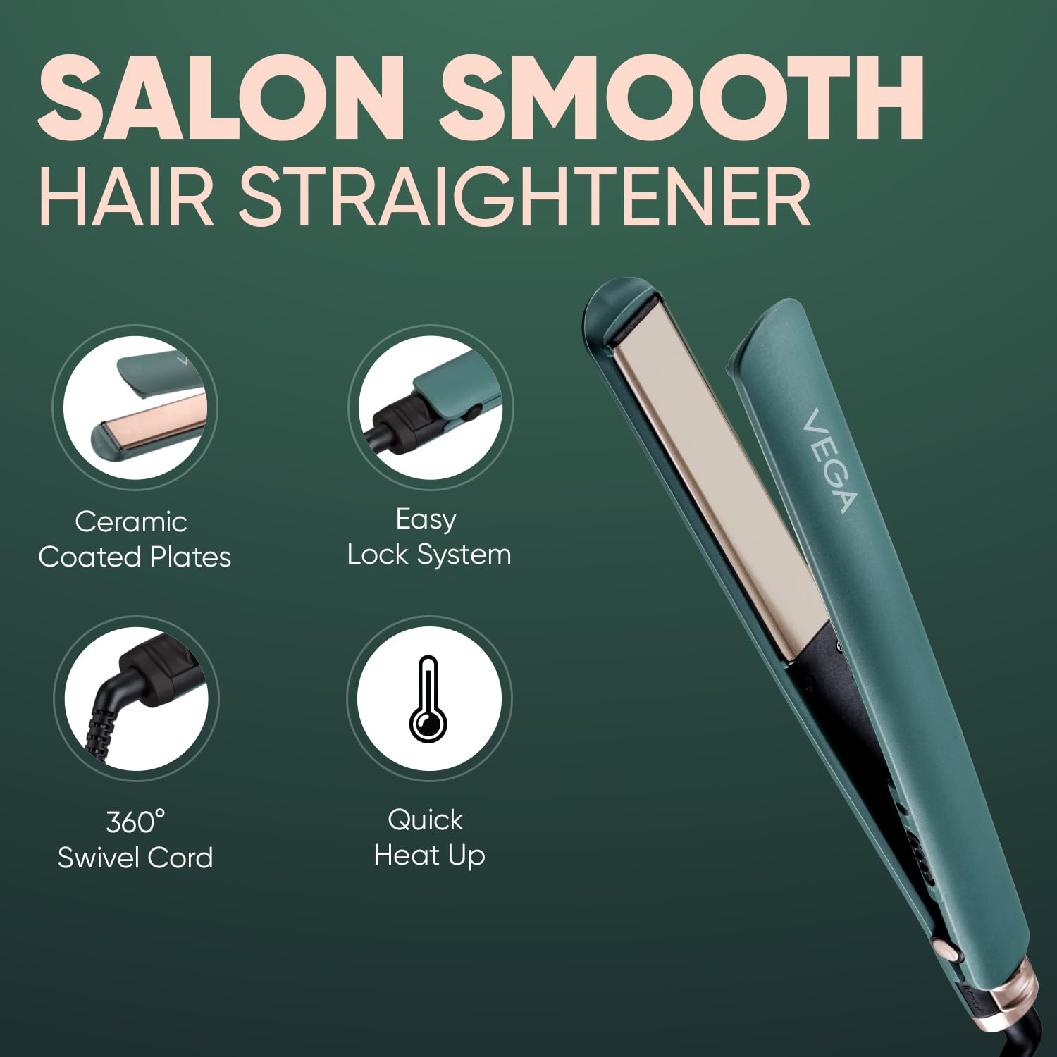  Vega Salon Smooth Hair Straightener for Women with Ceramic Coated Plates, Quick Heatup & Travel Friendly, Green (VHSH-42)