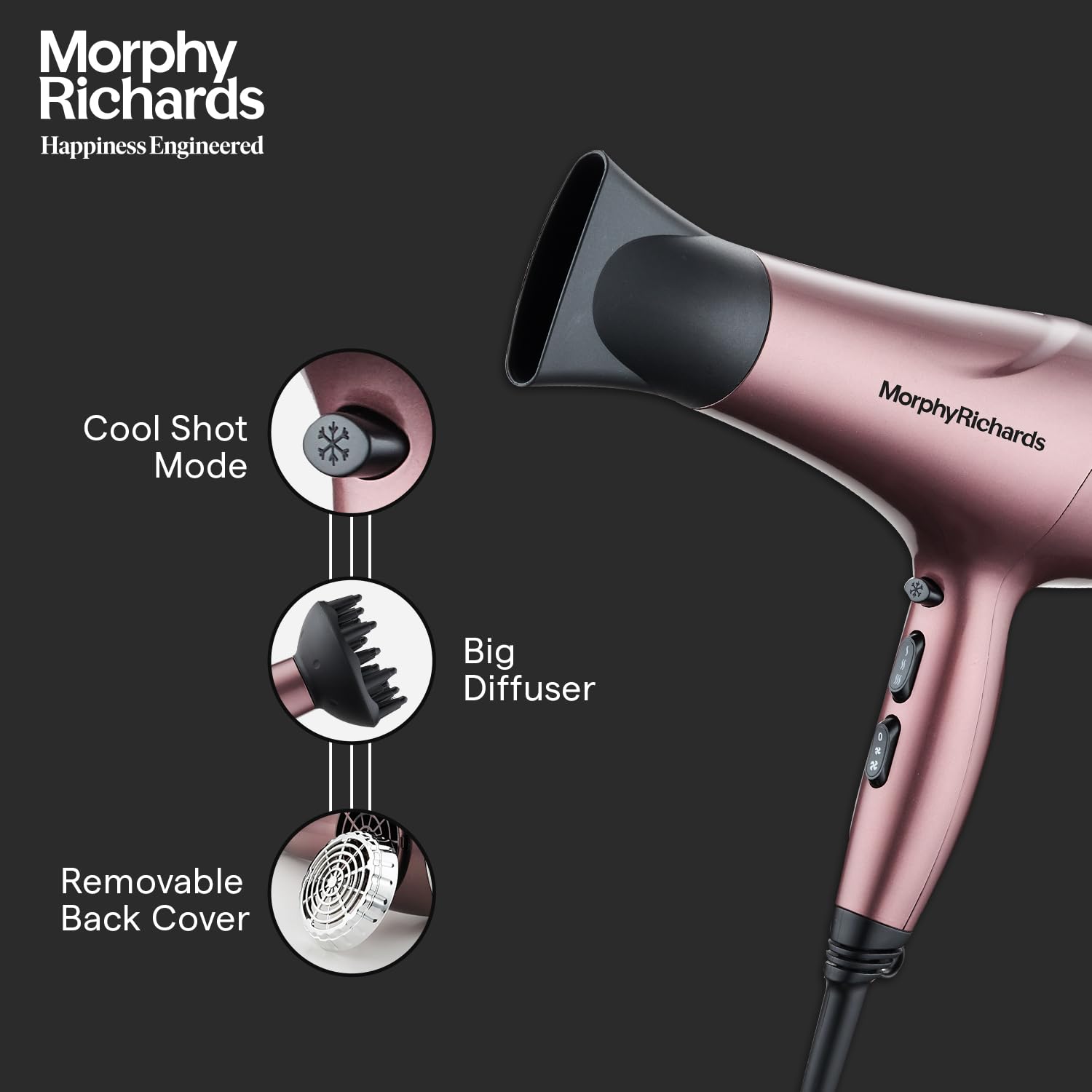 Morphy Richards Stylist Care Hd222Dc Professional Hair Dryer With Diffuser,Removable Concentrator,3-Speed 2-Heat Setting,Cool Air Mode,2-Yr Warranty