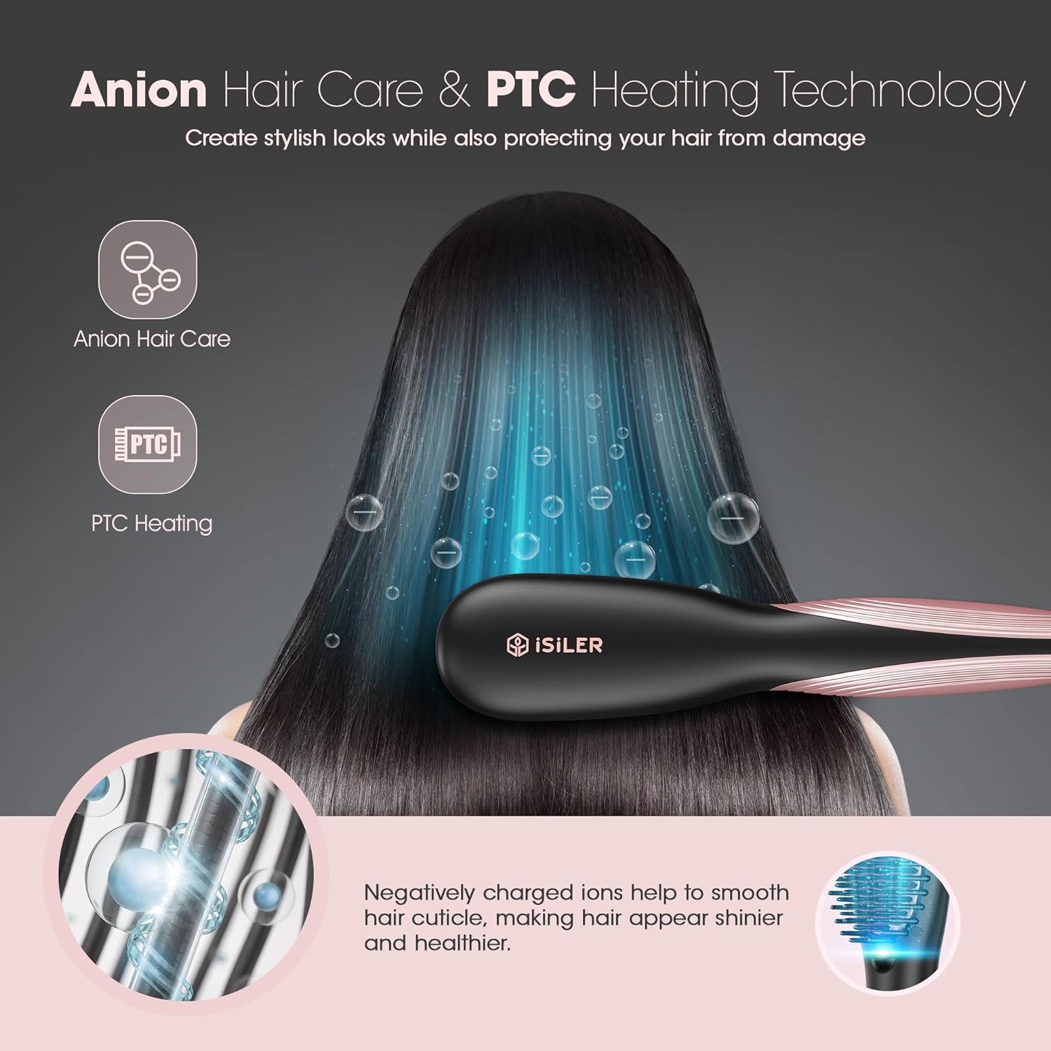  iSiLER Hair Straightener Brush, Styler Brush with Anion Hair Care, Ceramic Coated Bristles with Thermal Protection &Auto-off, 10s Fast Heating