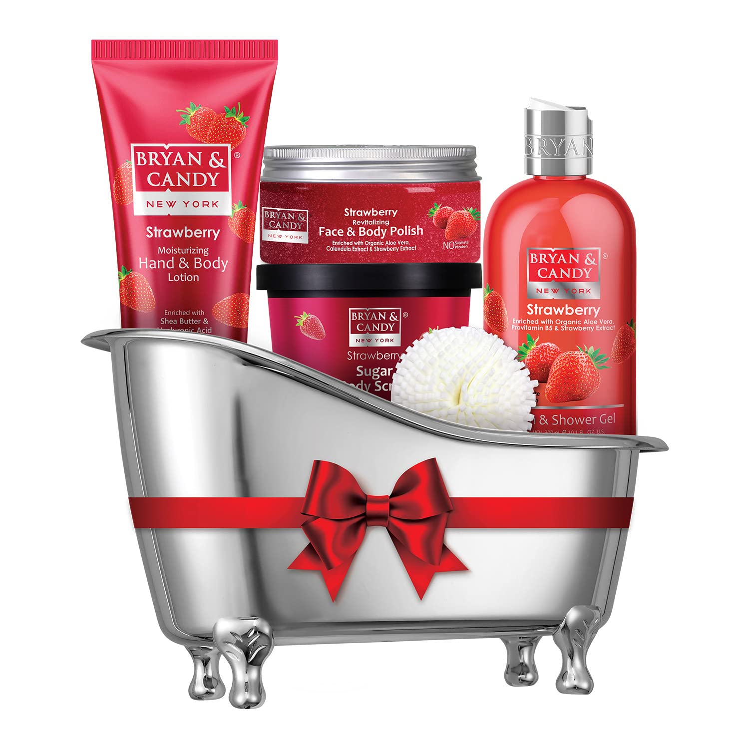 Bryan & Candy Strawberry Bath Tub Kit Mother's Day Gift Gift Set For Women And Men | Complete Home Spa Experience (Shower Gel, Hand & Body Lotion, Sugar Scrub, Body Polish| 100% Vegan, SLS & Paraben Free |