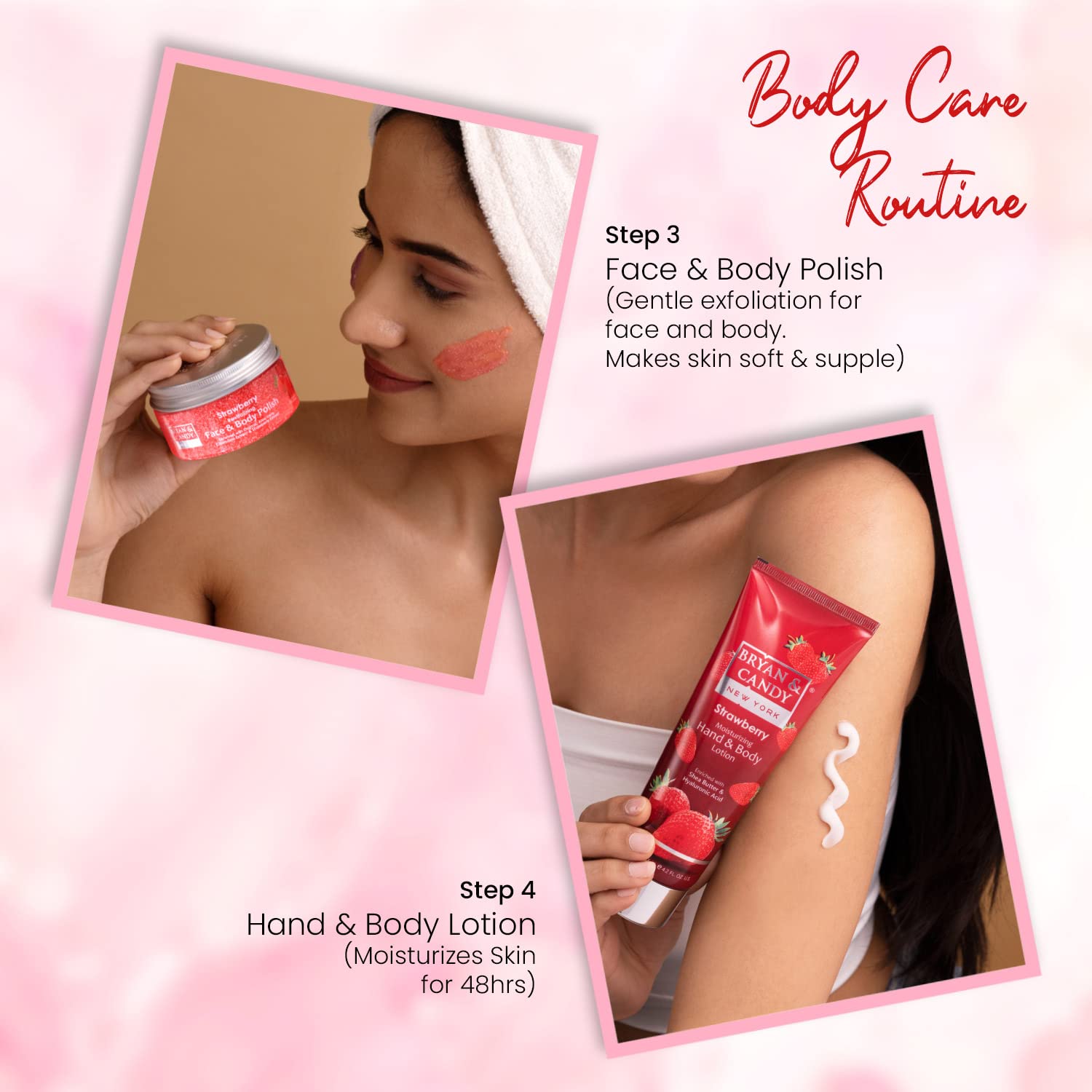 Bryan & Candy Strawberry Bath Tub Kit Mother's Day Gift Gift Set For Women And Men | Complete Home Spa Experience (Shower Gel, Hand & Body Lotion, Sugar Scrub, Body Polish| 100% Vegan, SLS & Paraben Free |